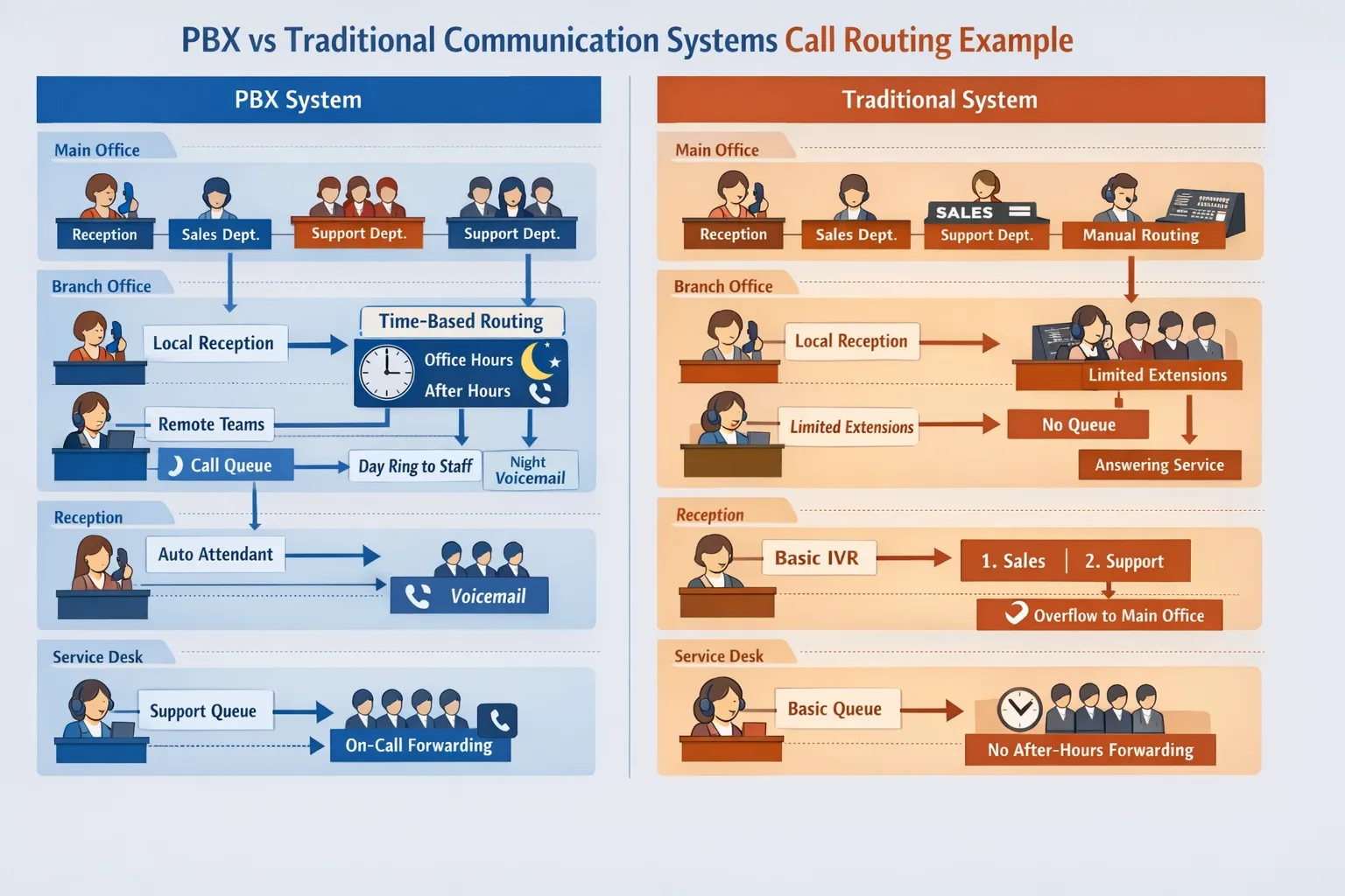 PBX vs Traditional Communication Systems Key Differences routing example showing reception, departments, queues, and time-based call treatment across office, branch office, reception, service desk