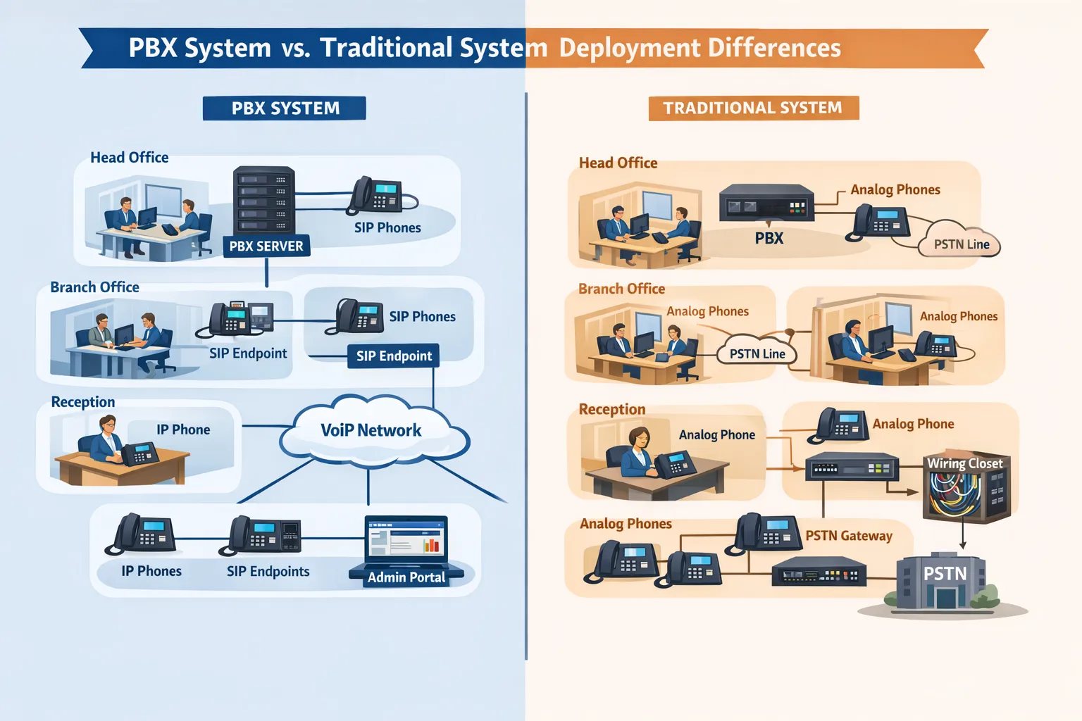 PBX vs Traditional Communication Systems Key Differences deployment scene covering office, branch office, reception, service desk with desk phones, SIP endpoints, gateways, and administrative access
