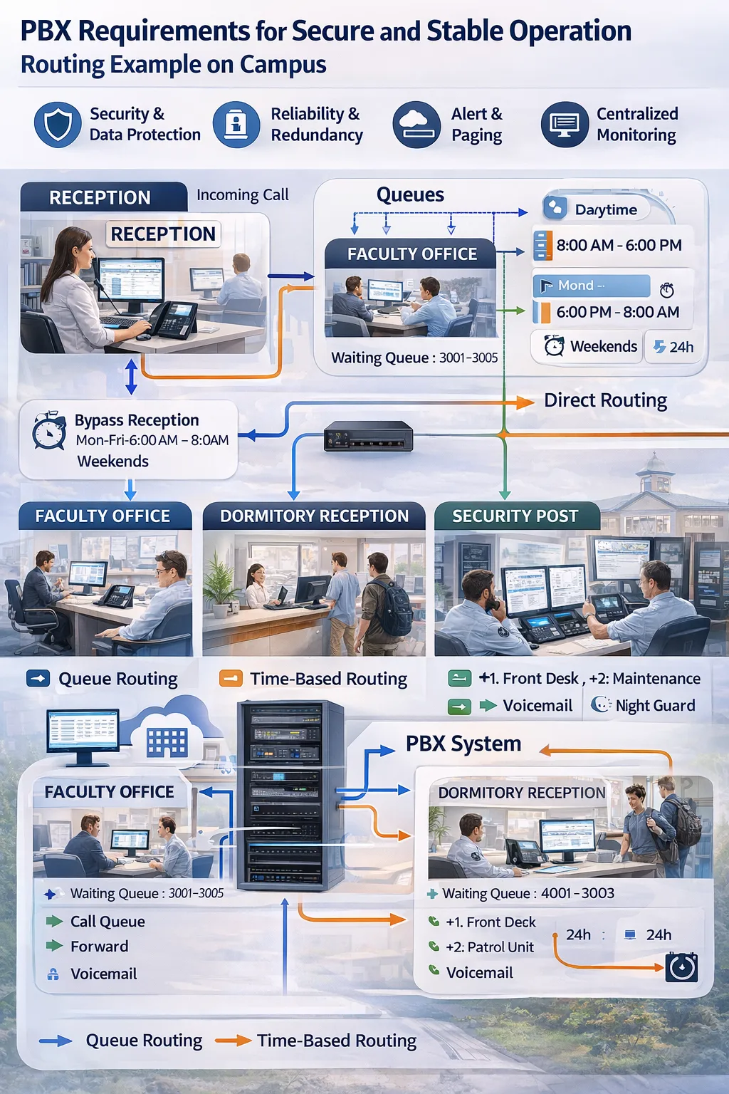 PBX Requirements for Secure and Stable Operation routing example showing reception, departments, queues, and time-based call treatment across campus, faculty office, dormitory reception, security post