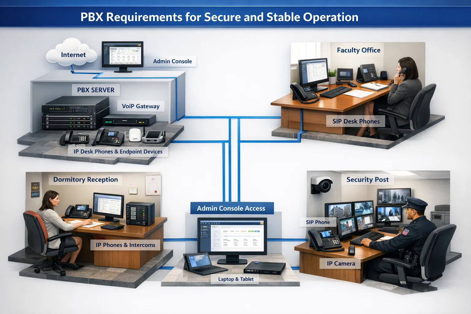 PBX Requirements for Secure and Stable Operation deployment scene covering campus, faculty office, dormitory reception, security post with desk phones, SIP endpoints, gateways, and administrative access