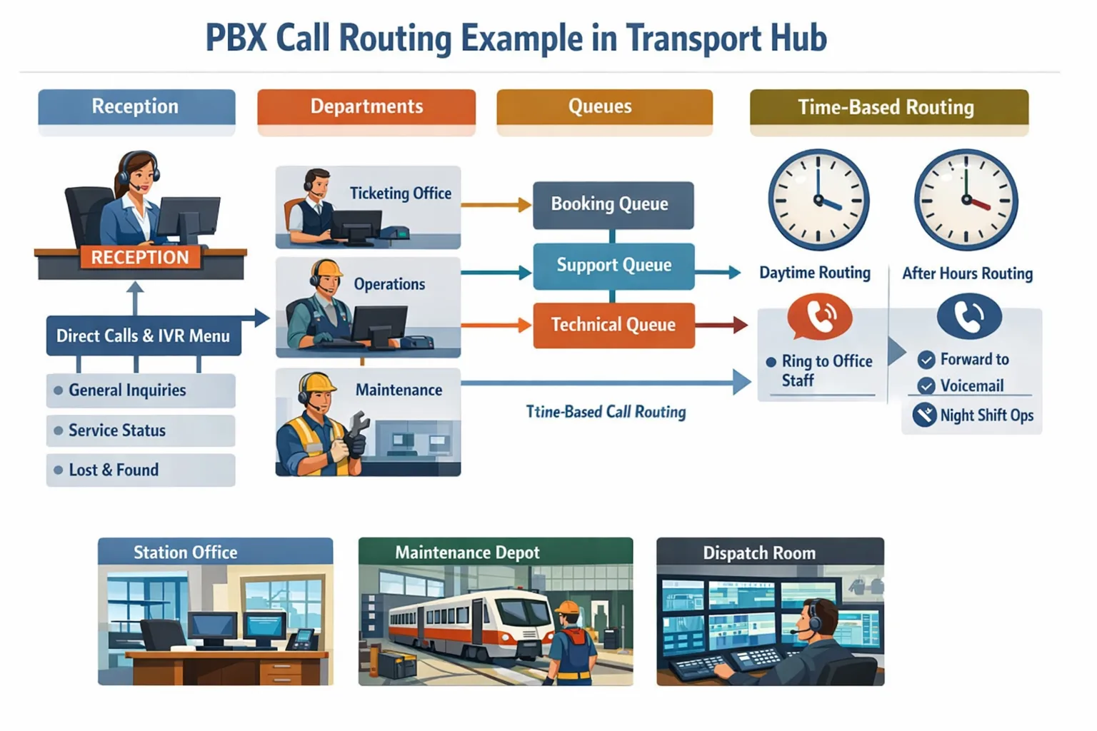 PBX Use Cases Across Campus Factory and Public Safety Sites routing example showing reception, departments, queues, and time-based call treatment across transport hub, station office, depot, dispatch room