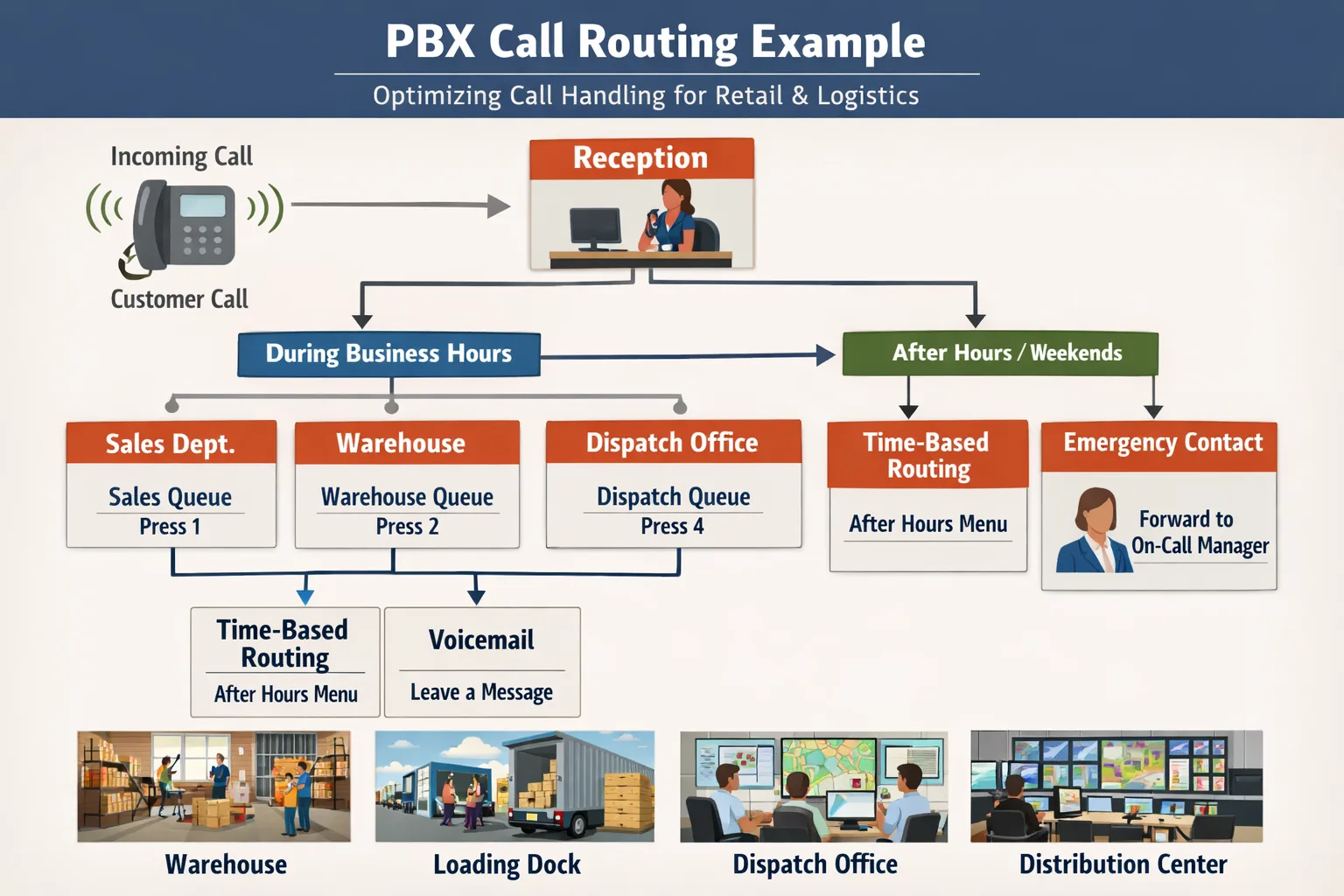 PBX Architecture Explained for Technical Buyers routing example showing reception, departments, queues, and time-based call treatment across warehouse, loading dock, dispatch office, distribution center