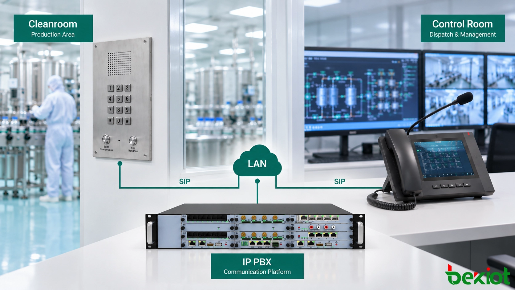 BT26 洁净室电话通过 BU2000 IP PBX 连接至 GP320i 调度电话